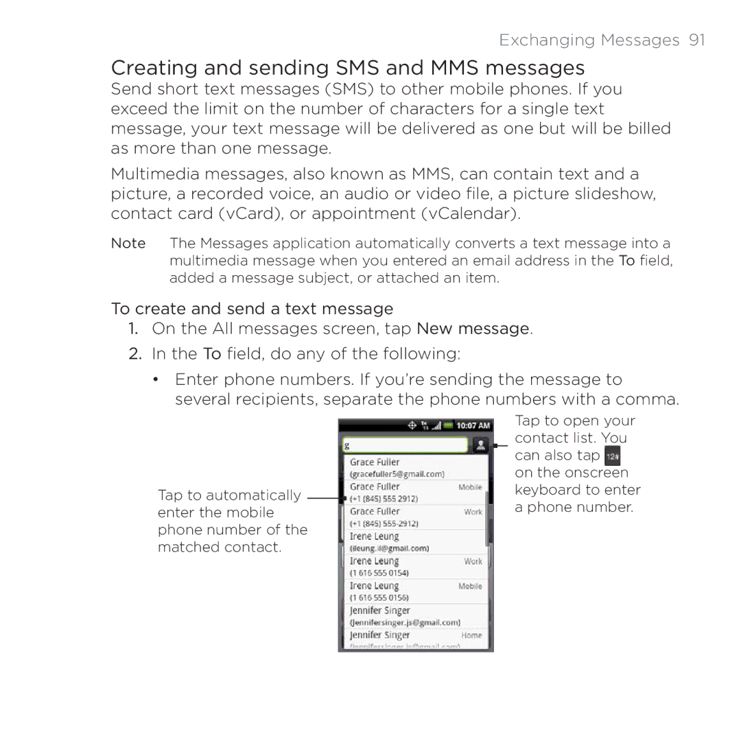 HTC 200 manual Creating and sending SMS and MMS messages, Exchanging Messages  